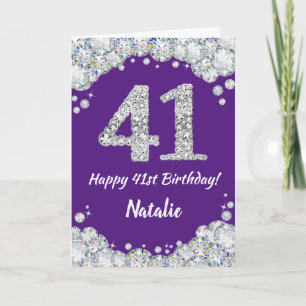 Happy 41st Birthday Paars en Silver Glitter Card Kaart