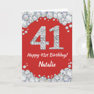 Happy 41st Birthday Red en Silver Glitter Card Kaart