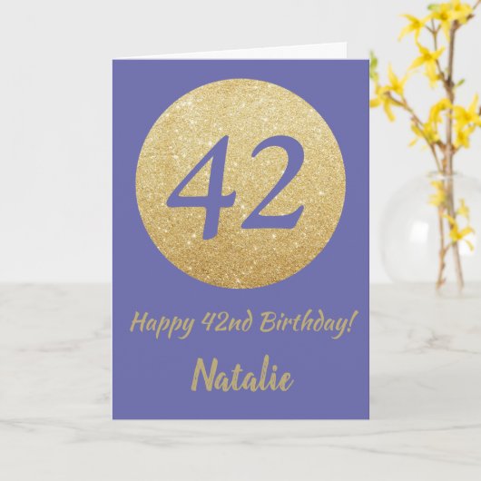 Happy 42e verjaardag en Gold Glitter Kaart (Gele Bloem)