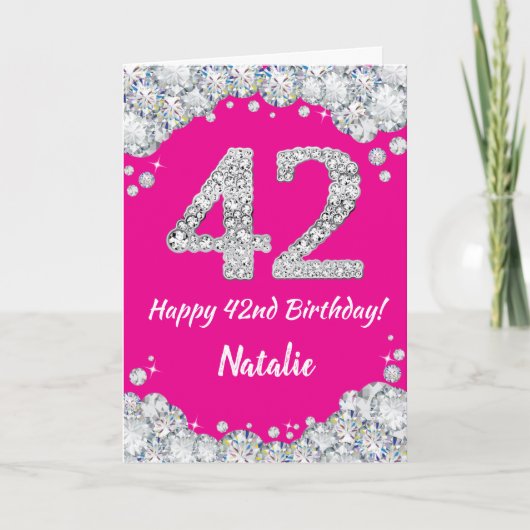 Happy 42e verjaardag Hot Pink en Silver Glitter Kaart (Voorkant)
