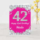 Happy 42e verjaardag Hot Pink en Silver Glitter Kaart (Gele Bloem)