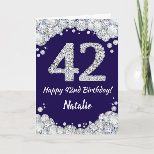 Happy 42e verjaardag Navy Blue en Silver Glitter Kaart (Voorkant)