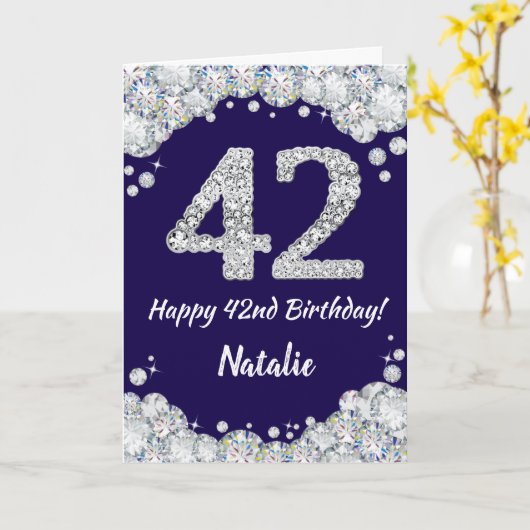 Happy 42e verjaardag Navy Blue en Silver Glitter Kaart (Gele Bloem)