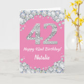 Happy 42e verjaardag Roze en Zilver Glitter Card Kaart (Gele Bloem)
