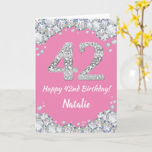 Happy 42e verjaardag Roze en Zilver Glitter Card Kaart (Gele Bloem)