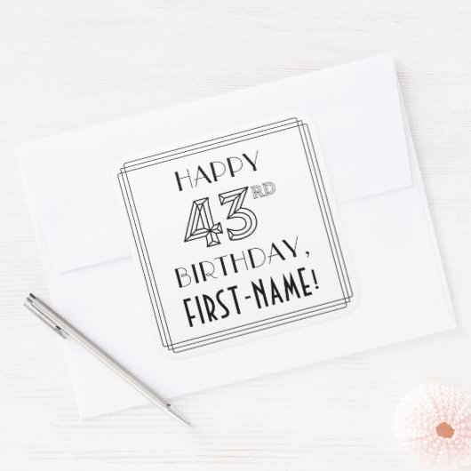 HAPPY 43RD BIRTHDAY, Art Deco Style, aangepaste na Vierkante Sticker (Envelop)