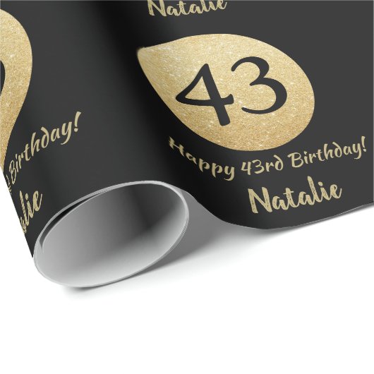 Happy 43rd Birthday Black en Gold Glitter Cadeaupapier (Rol Hoek)