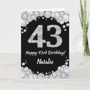 Happy 43rd Birthday Black en Silver Glitter Card Kaart