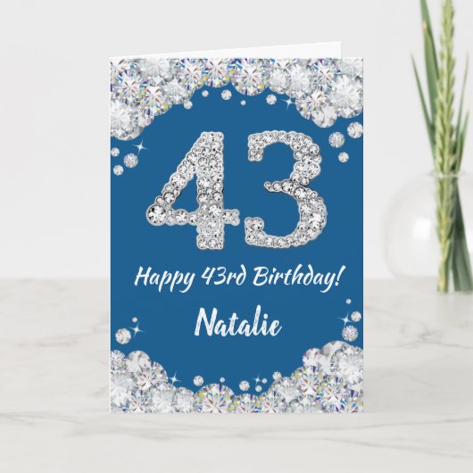 Happy 43rd Birthday Blue en Silver Glitter Card Kaart (Voorkant)