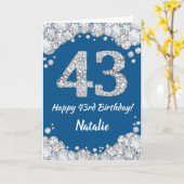 Happy 43rd Birthday Blue en Silver Glitter Card Kaart (Gele Bloem)