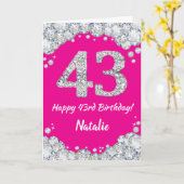 Happy 43rd Birthday Hot Pink en Silver Glitter Kaart (Gele Bloem)