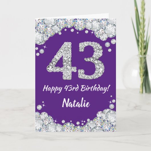 Happy 43rd Birthday Paars en Silver Glitter Card Kaart (Voorkant)