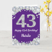 Happy 43rd Birthday Paars en Silver Glitter Card Kaart (Gele Bloem)