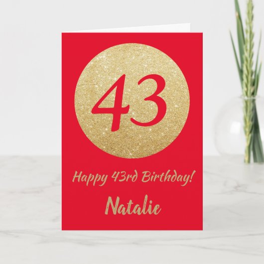 Happy 43rd Birthday Red en Gold Glitter Card Kaart (Voorkant)