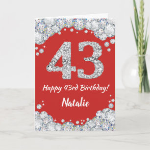 Happy 43rd Birthday Red en Silver Glitter Card Kaart