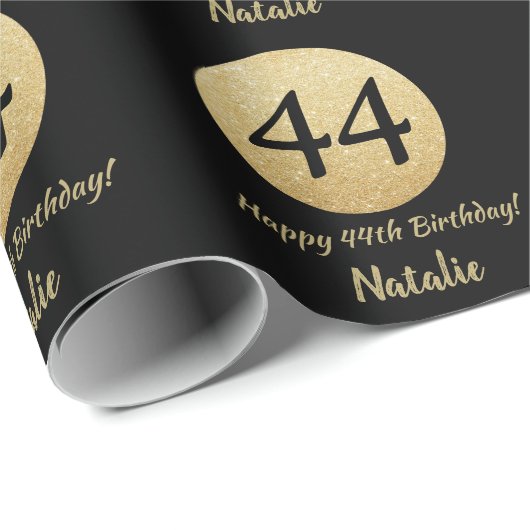 Happy 44th Birthday Black en Gold Glitter Cadeaupapier (Rol Hoek)