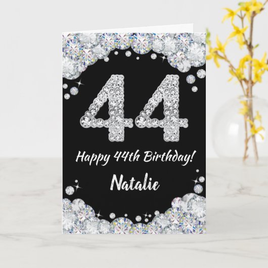 Happy 44th Birthday Black en Silver Glitter Card Kaart (Gele Bloem)
