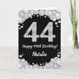 Happy 44th Birthday Black en Silver Glitter Card Kaart