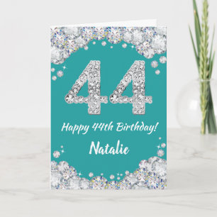 Happy 44th Birthday Blauwgroen en Silver Glitter C Kaart