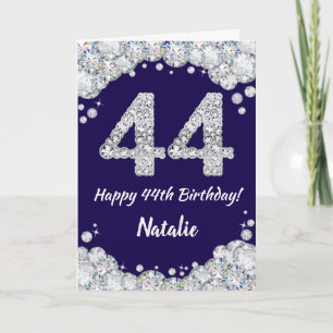 Happy 44th Birthday Navy Blue en Silver Glitter Kaart