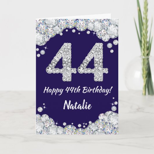 Happy 44th Birthday Navy Blue en Silver Glitter Kaart (Voorkant)