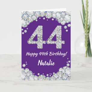 Happy 44th Birthday Paars en Silver Glitter Card Kaart