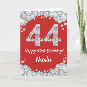 Happy 44th Birthday Red en Silver Glitter Card Kaart