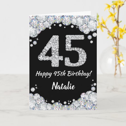 Happy 45th Birthday Black en Silver Glitter Card Kaart (Gele Bloem)
