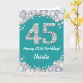 Happy 45th Birthday Blauwgroen en Silver Glitter C Kaart (Gele Bloem)