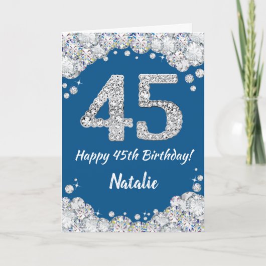 Happy 45th Birthday Blue en Silver Glitter Card Kaart (Voorkant)