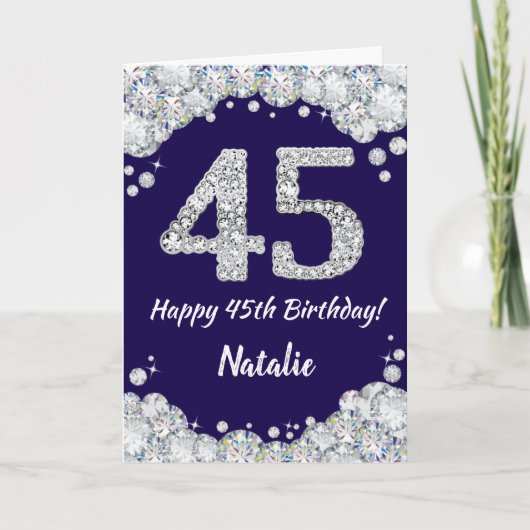 Happy 45th Birthday Navy Blue en Silver Glitter Kaart (Voorkant)