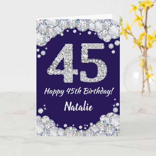 Happy 45th Birthday Navy Blue en Silver Glitter Kaart (Gele Bloem)