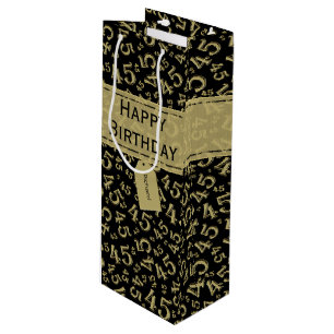 Happy 45th Birthday Number Pattern Black/Gold Wijn Cadeautas
