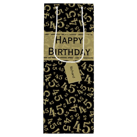 Happy 45th Birthday Number Pattern Black/Gold Wijn Cadeautas (Voorkant)