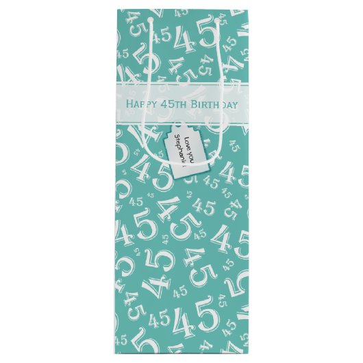 Happy 45th Birthday Number Pattern Blauwgroen/Whit Wijn Cadeautas (Voorkant)
