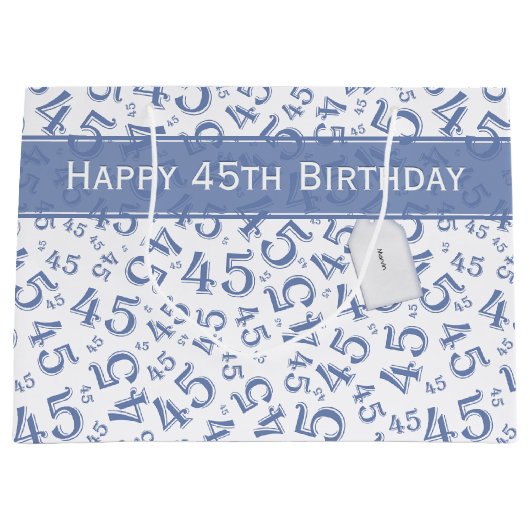 Happy 45th Birthday Number Pattern Blue/White Groot Cadeauzakje (Voorkant)