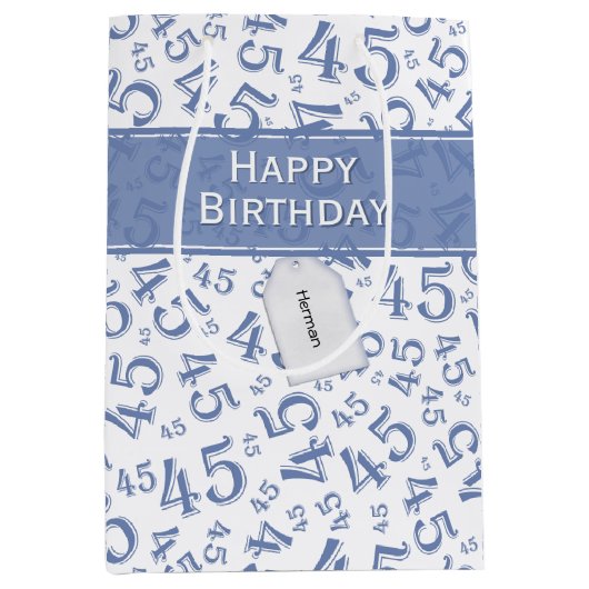 Happy 45th Birthday Number Pattern Blue/White Medium Cadeauzakje (Voorkant)