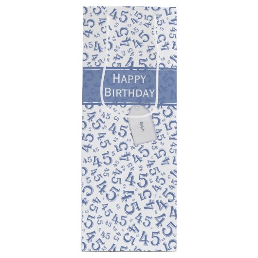 Happy 45th Birthday Number Pattern Blue/White Wijn Cadeautas (Voorkant)