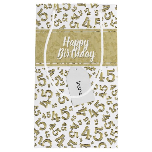 Happy 45th Birthday Number Pattern Gold/White Klein Cadeauzakje (Voorkant)