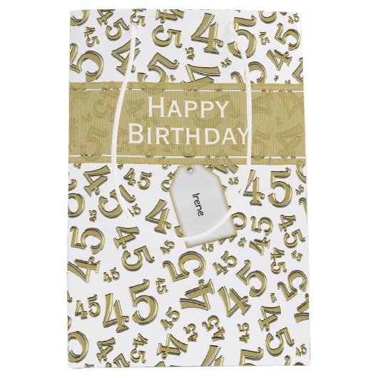 Happy 45th Birthday Number Pattern Gold/White Medium Cadeauzakje (Voorkant)