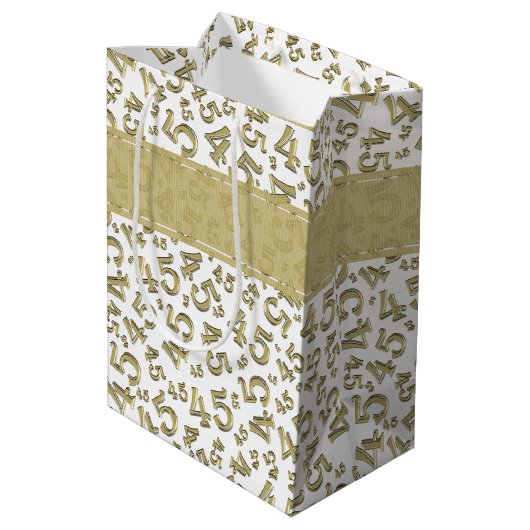 Happy 45th Birthday Number Pattern Gold/White Medium Cadeauzakje (Achterkant Gekanteld)
