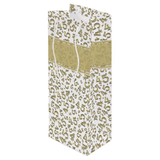 Happy 45th Birthday Number Pattern Gold/White Wijn Cadeautas (Achterkant Gekanteld)