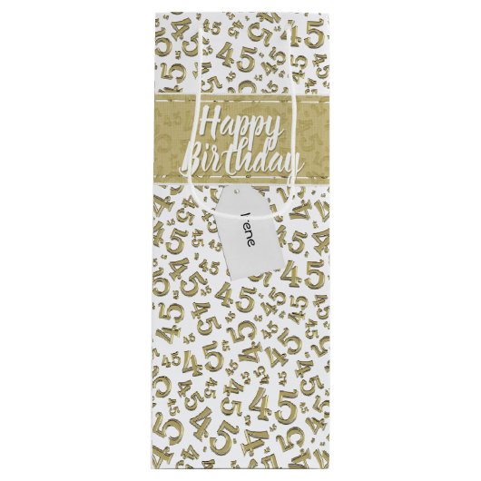 Happy 45th Birthday Number Pattern Gold/White Wijn Cadeautas (Voorkant)