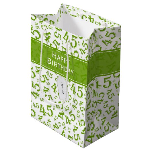 Happy 45th Birthday Number Pattern Green/White Medium Cadeauzakje (Voorkant Gekanteld)