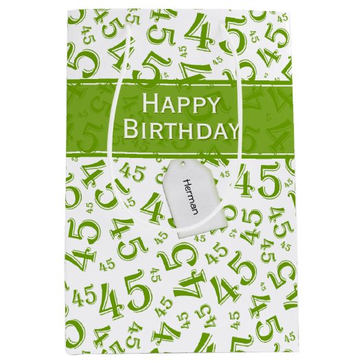 Happy 45th Birthday Number Pattern Green/White Medium Cadeauzakje (Voorkant)