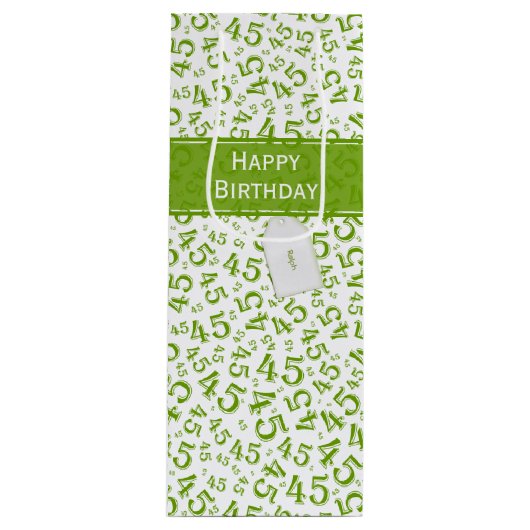 Happy 45th Birthday Number Pattern Green/White Wijn Cadeautas (Voorkant)