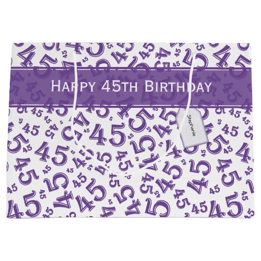 Happy 45th Birthday Number Pattern Paars/White Groot Cadeauzakje (Voorkant)