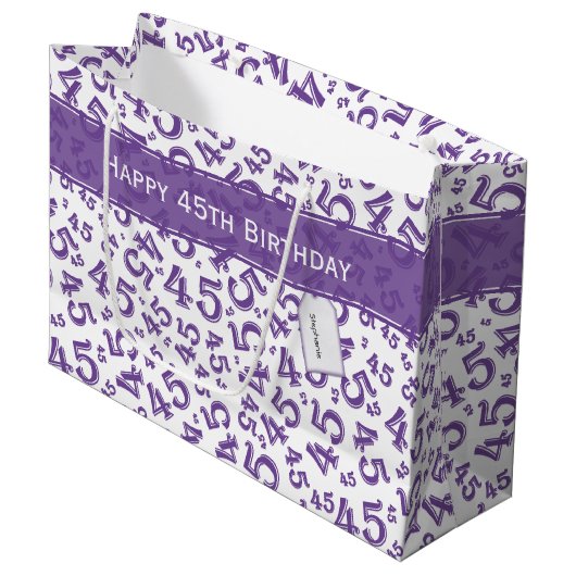 Happy 45th Birthday Number Pattern Paars/White Groot Cadeauzakje (Voorkant Gekanteld)