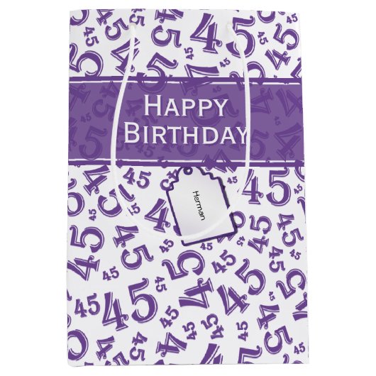 Happy 45th Birthday Number Pattern Paars/White Medium Cadeauzakje (Voorkant)