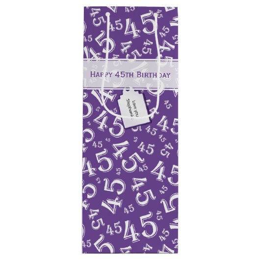 Happy 45th Birthday Number Pattern Paars/White Wijn Cadeautas (Voorkant)